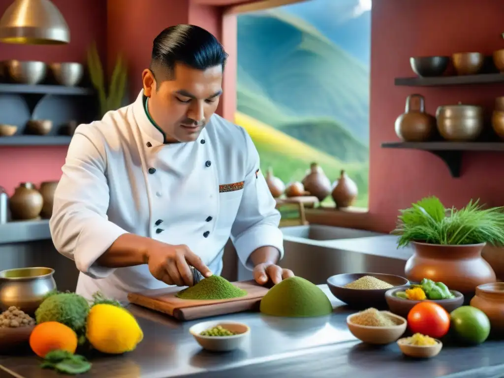 Un chef peruano preparando superalimentos andinos en una cocina tradicional, mostrando la gastronomía peruana