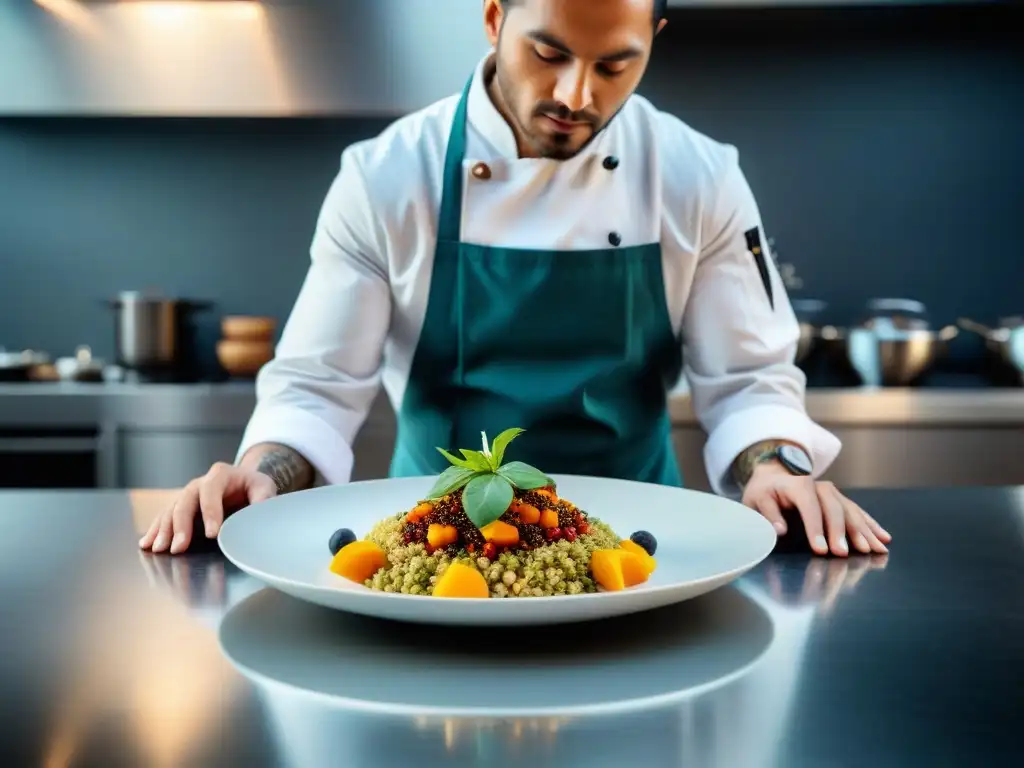 Un chef peruano prepara superalimentos en cocina moderna con técnica vanguardia