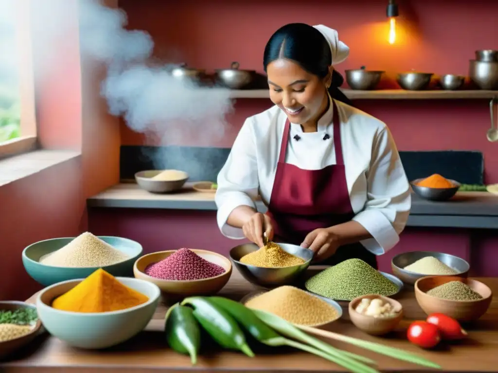 'Chef peruano cocinando con superalimentos peruanos en cocina tradicional'