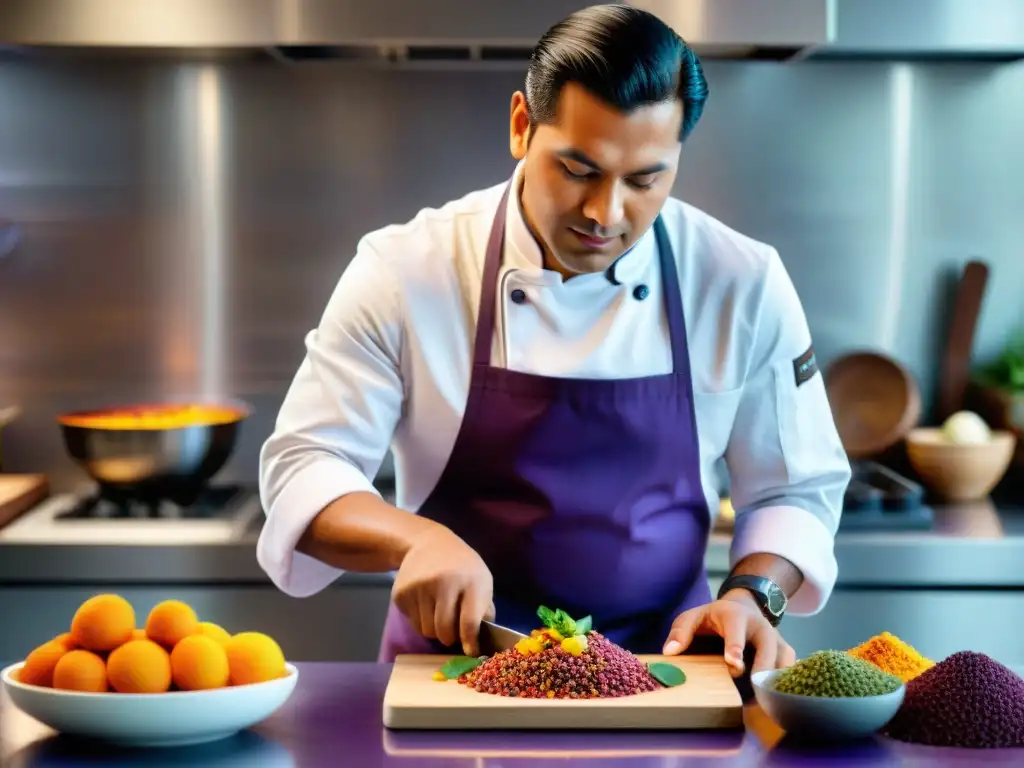 Chef peruano preparando superalimentos andinos Chef peruano preparando superfoods en cocina moderna con pasión y creatividad