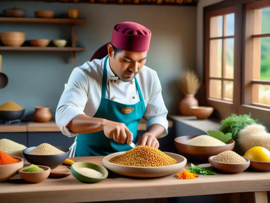 Un chef peruano preparando supergranos andinos en una cocina rústica