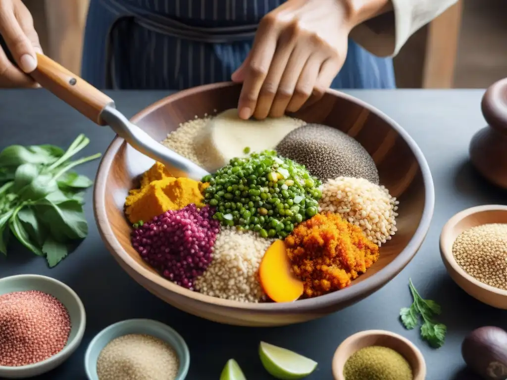 Un chef peruano prepara con maestría supergranos andinos en un plato colorido y nutritivo