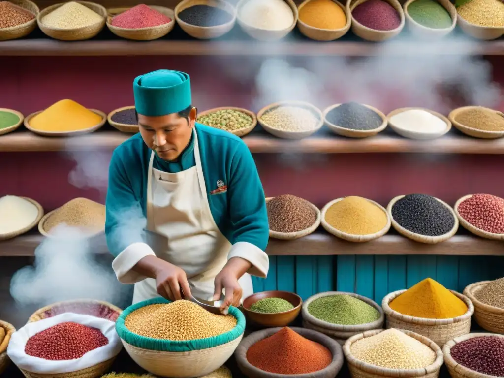 Un chef peruano seleccionando supergranos andinos en un mercado andino