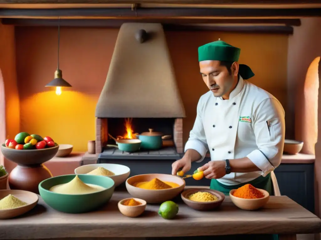 Un chef peruano prepara un suspiro limeño en una cocina tradicional, con ingredientes auténticos