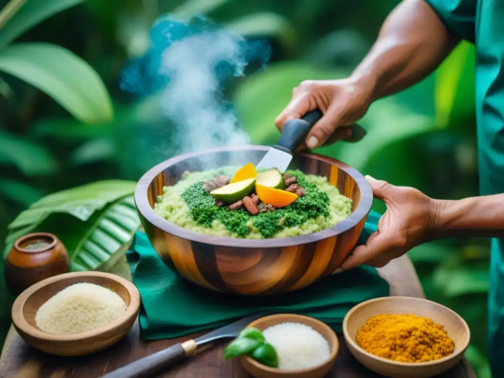 Chef peruano preparando tacacho cecina amazónica en la selva, destacando la cultura culinaria