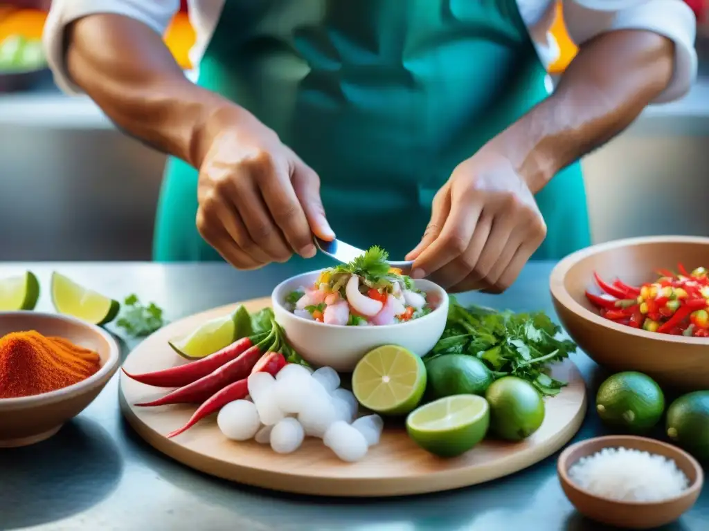 Un chef peruano talentoso prepara ceviche en un mercado local