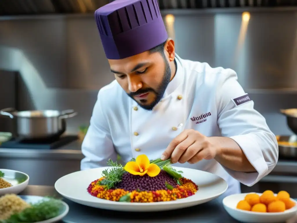 Un chef peruano talentoso preparando un plato colorido con ingredientes autóctonos en una cocina moderna y dinámica