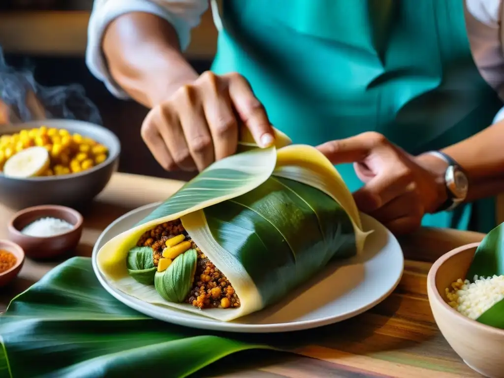 Chef peruano envolviendo un tamal con maestría, mostrando las capas de masa de maíz, carne sazonada y hojas de plátano