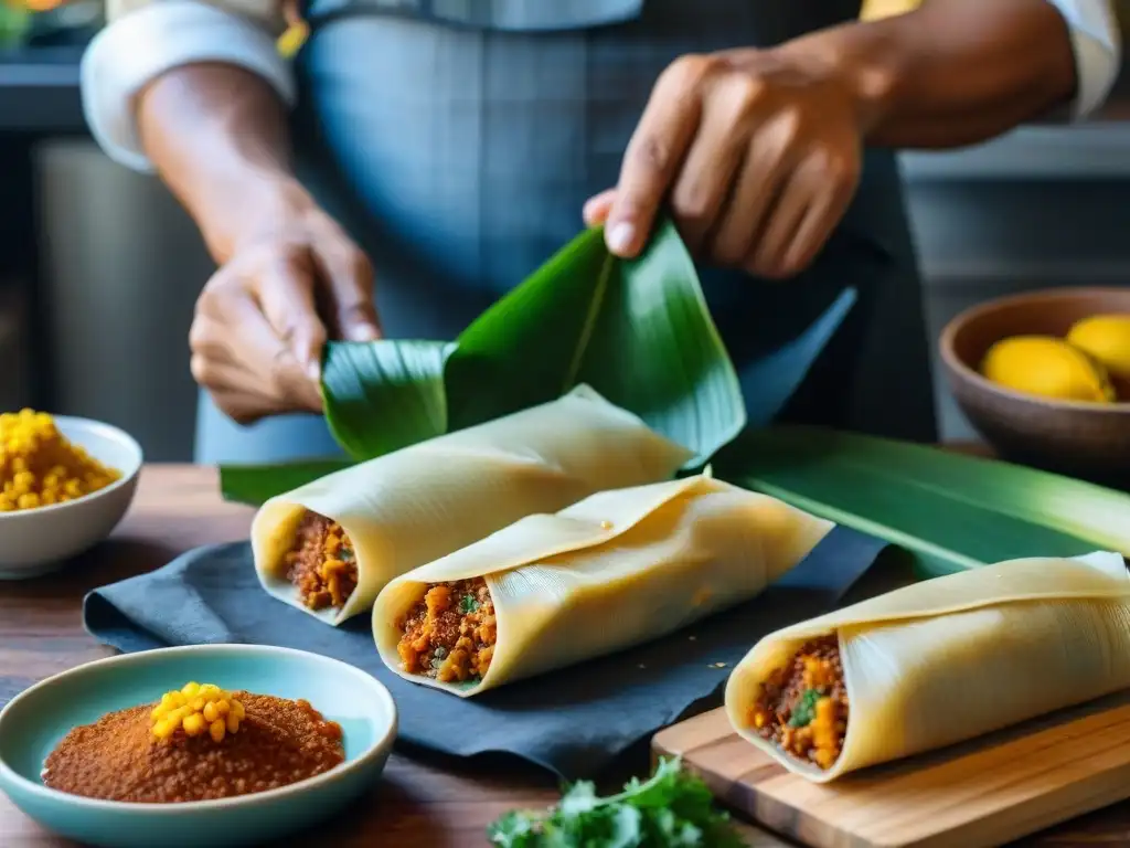 Un chef peruano envolviendo un tamal con ingredientes autóctonos