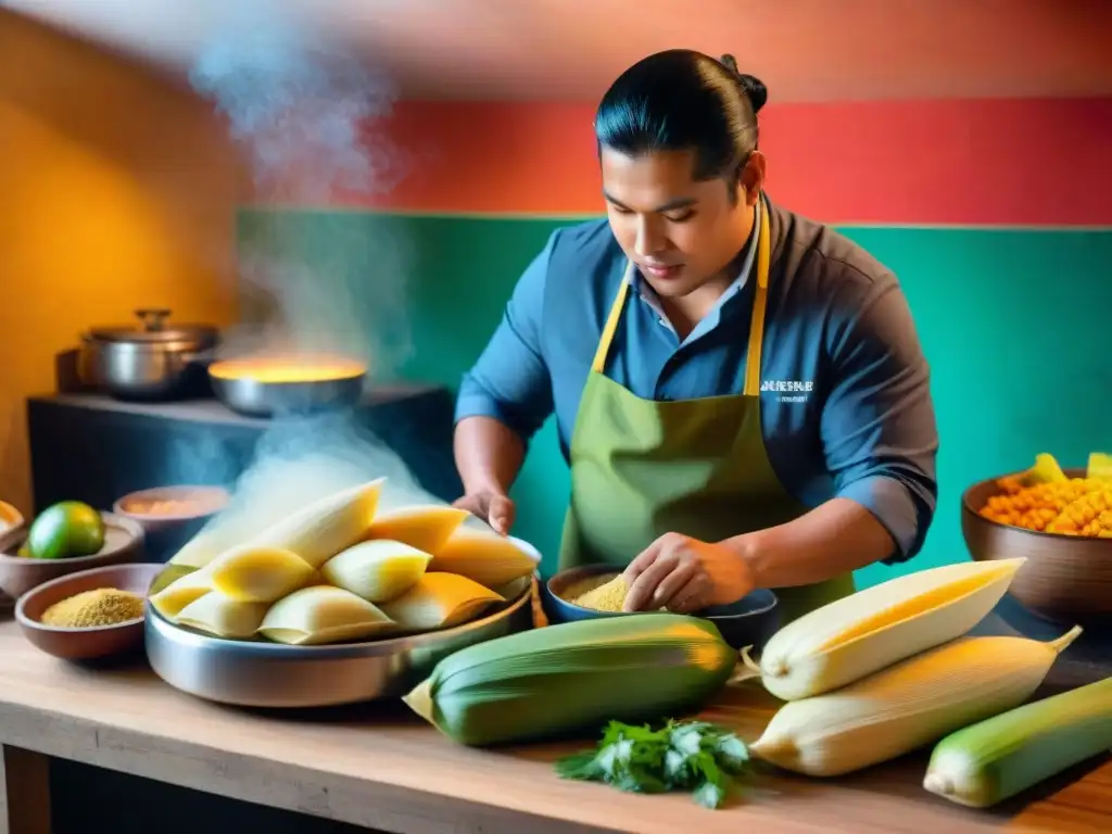 Un chef peruano prepara tamales con precisión y cuidado en una cocina tradicional