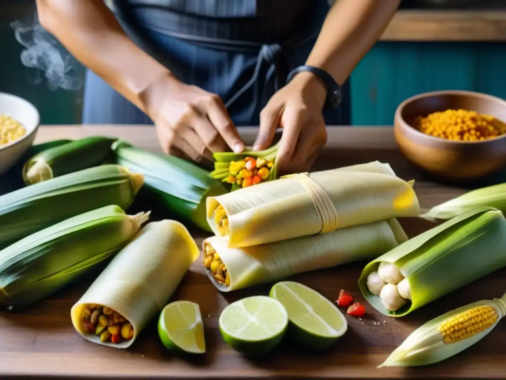 Chef peruano preparando tamales con ingredientes frescos y coloridos - Beneficios de los tamales peruanos