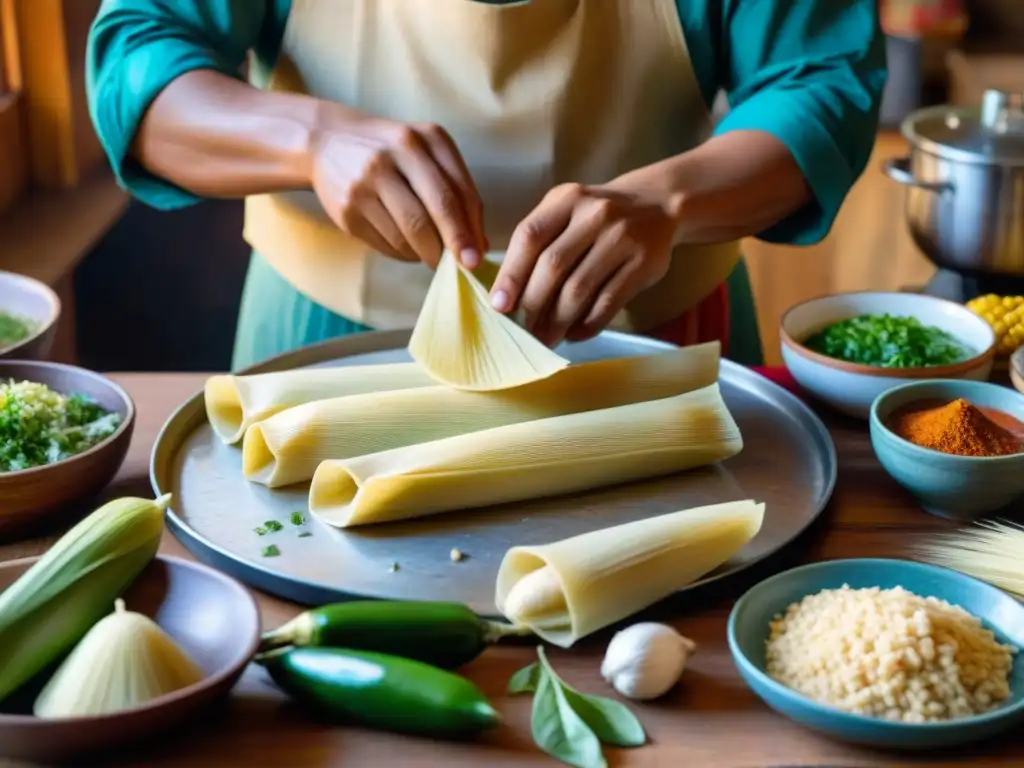 Un chef peruano preparando tamales con ingredientes autóctonos