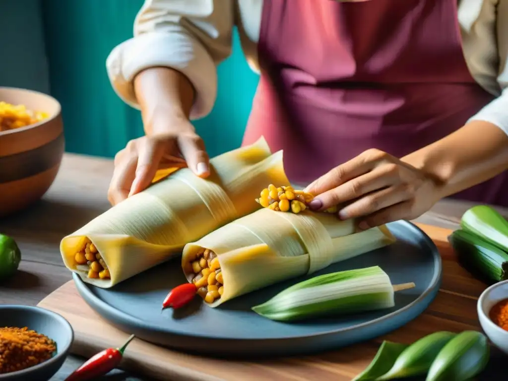 Un chef peruano prepara tamales tradicionales con cuidado, mostrando la historia culinaria de Perú