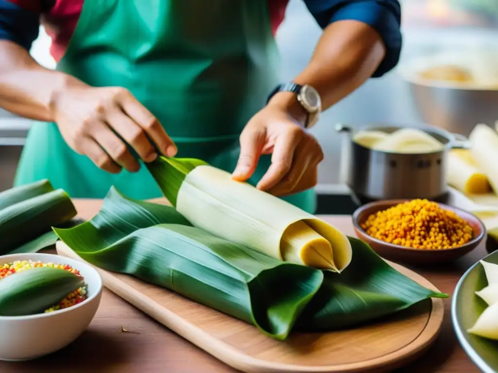 Un chef peruano ensambla tamales vibrantes en un festival de tamales peruanos autóctonos