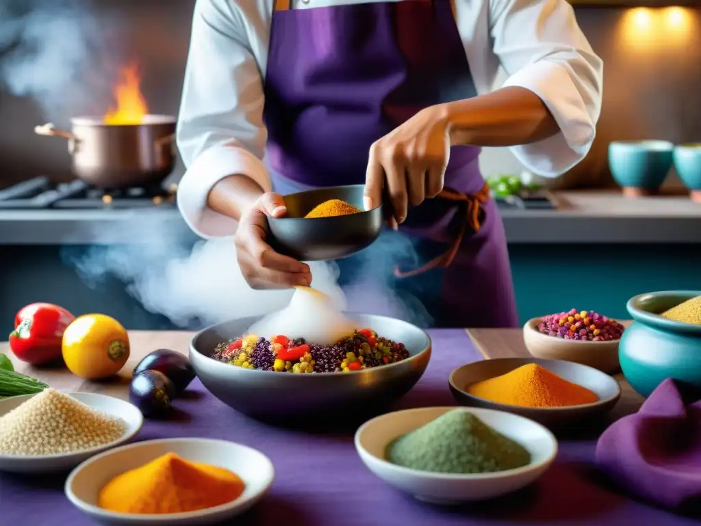 Un chef peruano fusiona técnicas antiguas y modernas en la cocina, rodeado de ingredientes coloridos