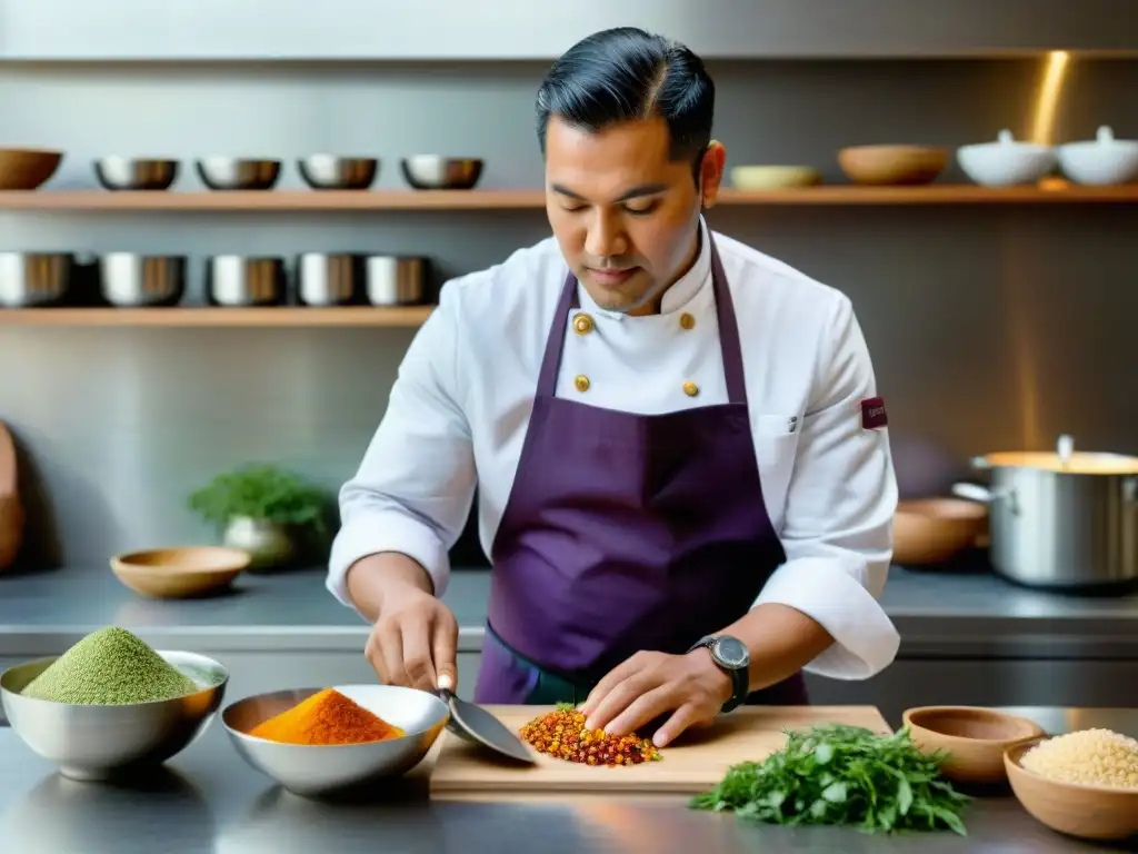 Chef peruano fusionando técnicas antiguas con modernas en vibrante cocina