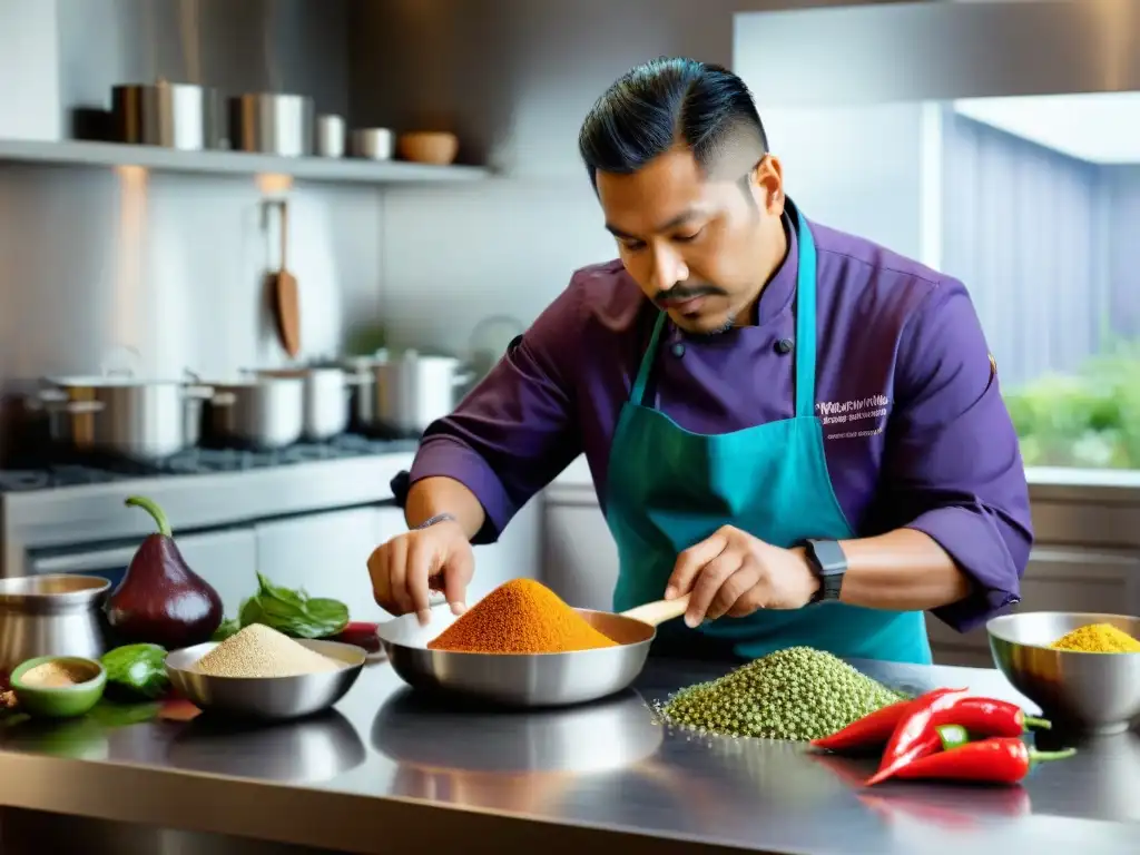 Chef peruano fusionando técnicas antiguas y modernas en cocina vibrante con ingredientes autóctonos