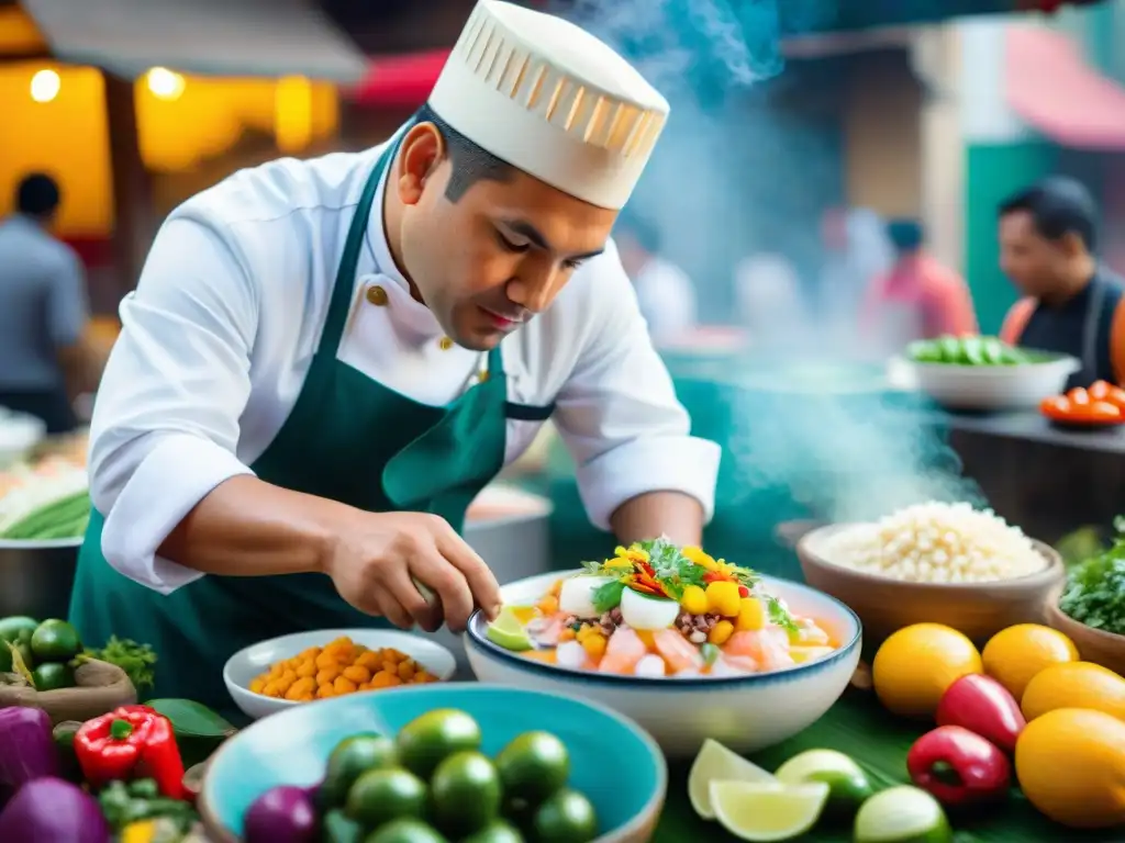 Un chef peruano fusiona técnicas antiguas en la preparación de ceviche, rodeado de ingredientes frescos en un mercado de Lima