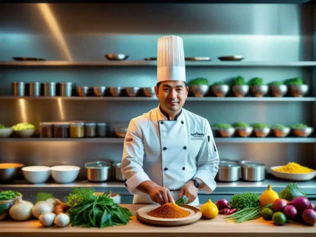 Un chef peruano fusionando técnicas en cocina contemporánea, creando una obra maestra culinaria