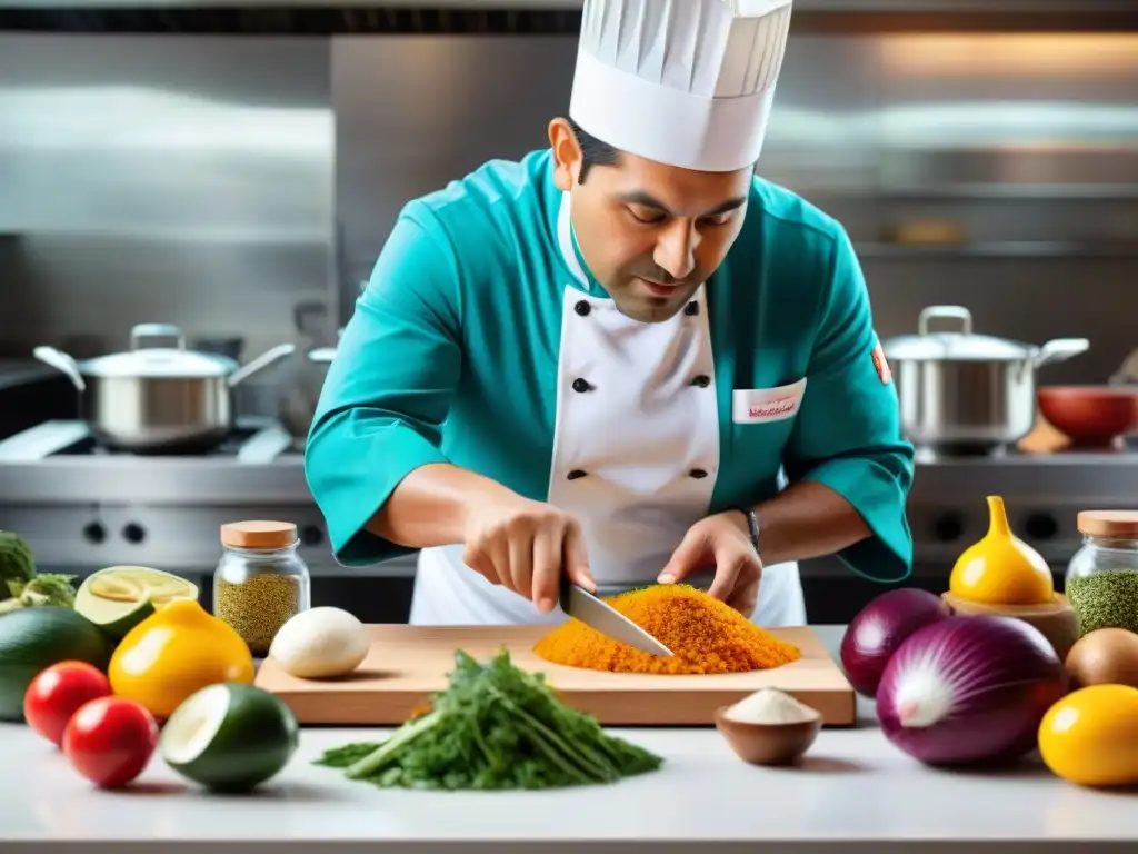 Un chef peruano fusionando técnicas contemporáneas en una cocina moderna