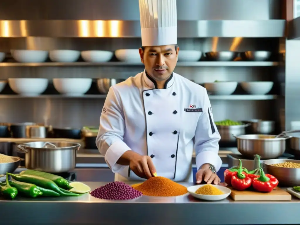 Chef peruano fusionando técnicas culinarias autóctonas en una vibrante cocina creativa