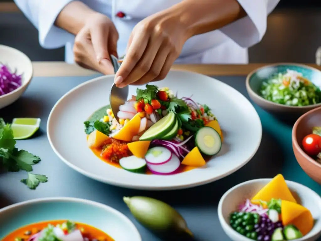 Un chef peruano muestra sus técnicas de emplatado con ceviche en un plato blanco rodeado de cerámica y textiles tradicionales peruanos