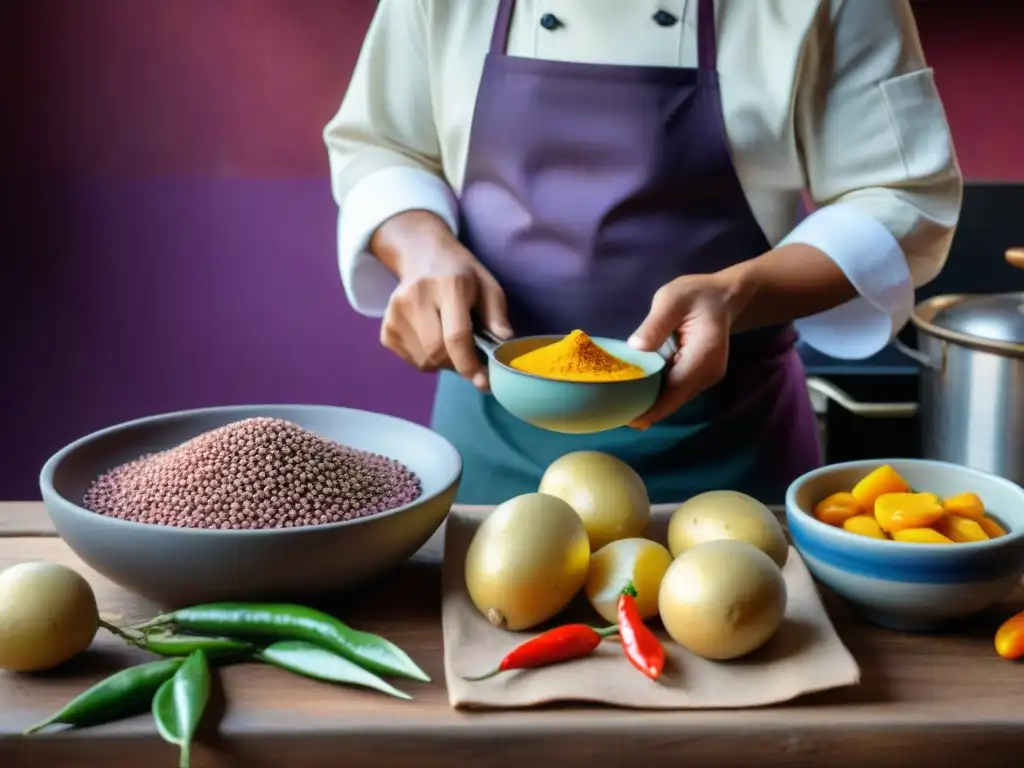 Chef peruano fusiona técnicas de conservación modernas en cocina tradicional, resaltando colores vibrantes de ingredientes frescos