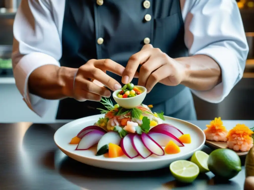 Un chef peruano fusiona técnicas modernas de presentación en un ceviche colorido y detallado