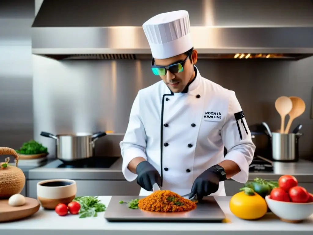 Un chef peruano con tecnología innovadora en cocina, mezclando tradición y vanguardia