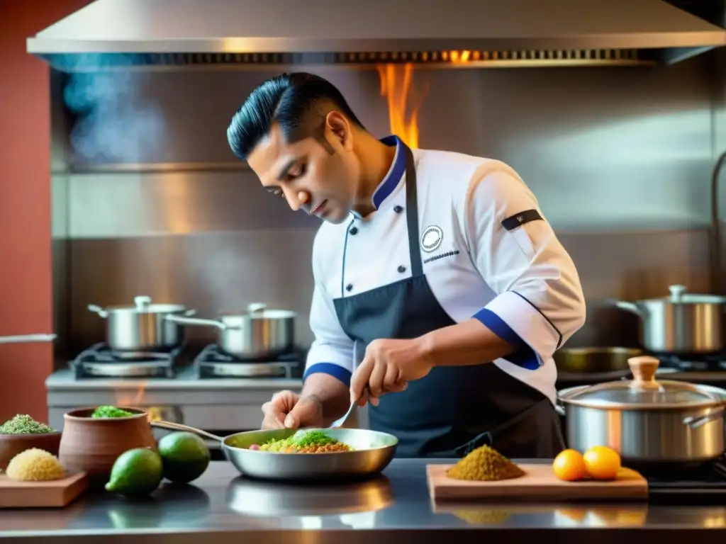 Un chef peruano ajustando temperatura con precisión para cocinar platos peruanos