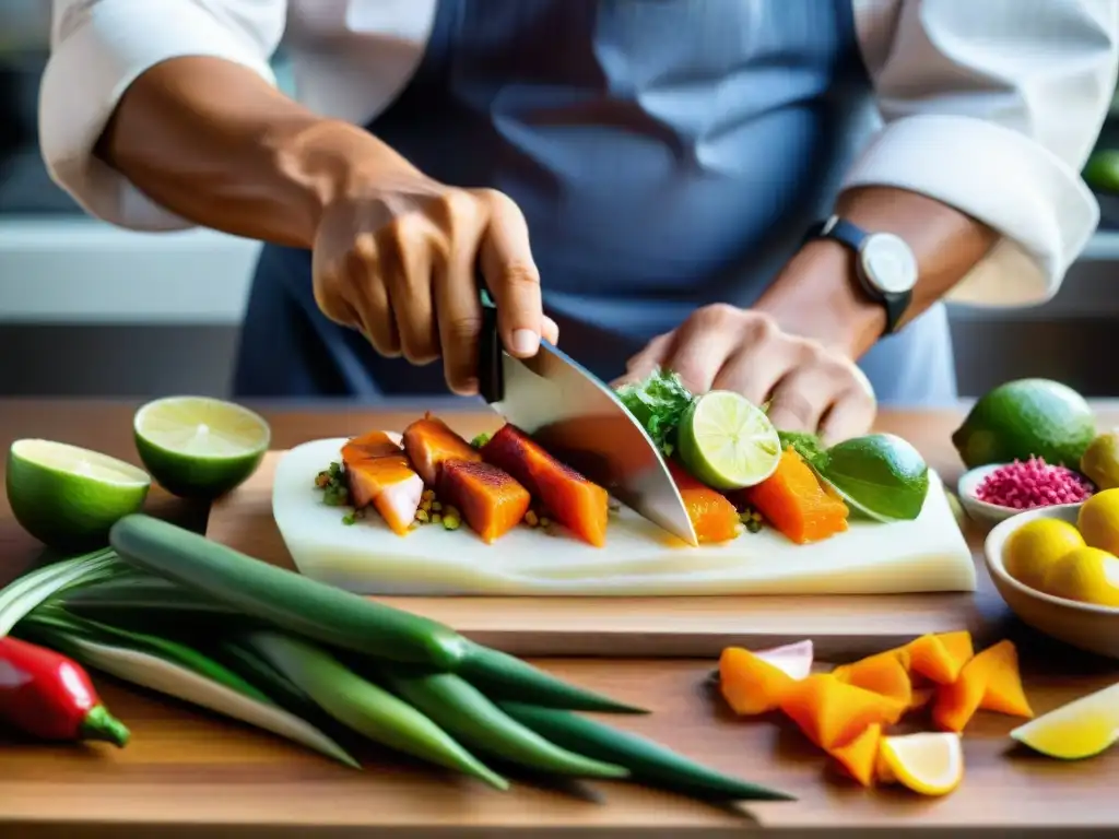 Chef peruano experto preparando tiradito de pescado fresco con destreza Un chef peruano hábil prepara un tiradito con destreza, destacando ingredientes frescos y coloridos