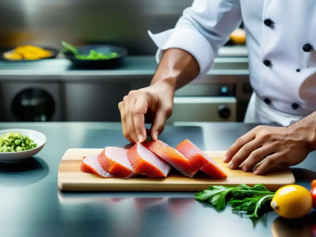 Un chef peruano prepara Tiradito con destreza en una cocina moderna y luminosa