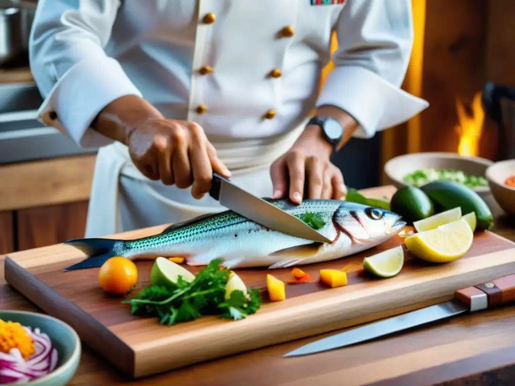 Maestro peruano preparando tiradito con maestría Un chef peruano prepara tiradito con maestría, resaltando la fusión de tradición e innovación en platos marinos