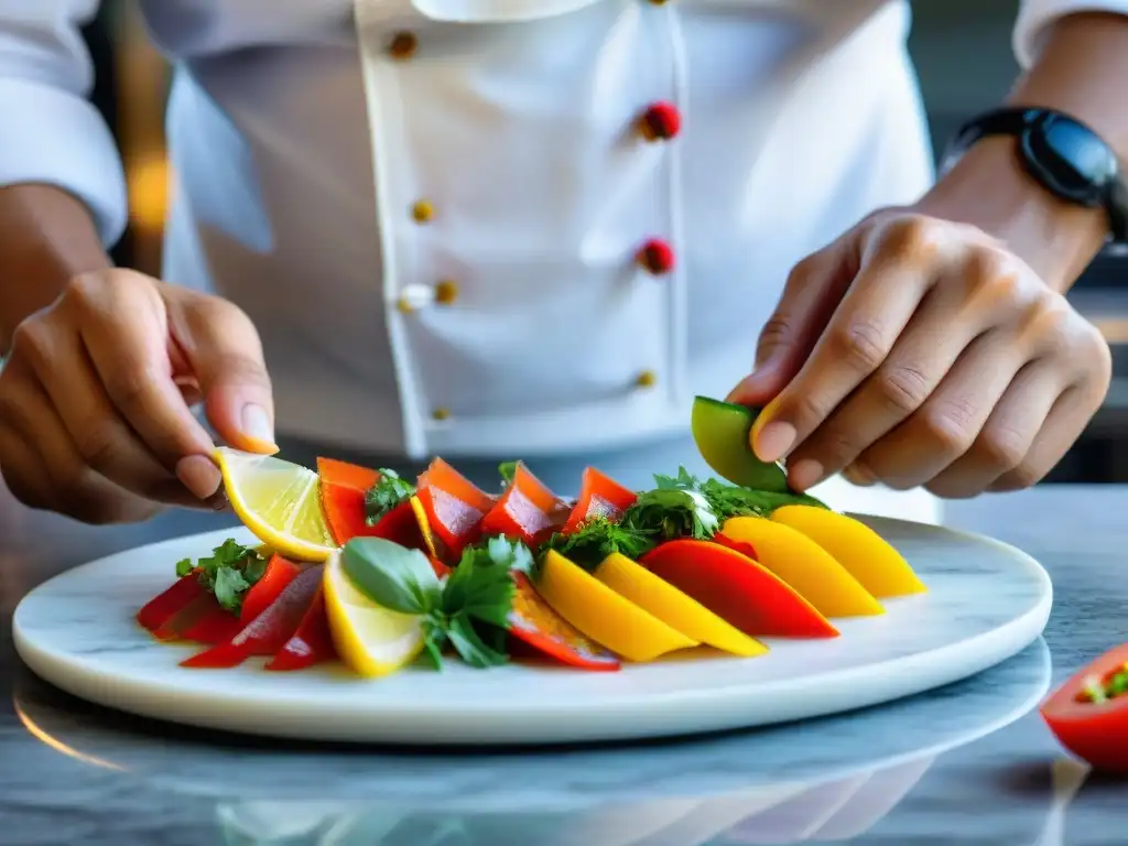 Un chef peruano corta un Tiradito sashimi sorprendente con precisión en una encimera de mármol