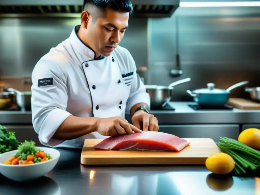 Hábil chef peruano preparando tiradito con precisión