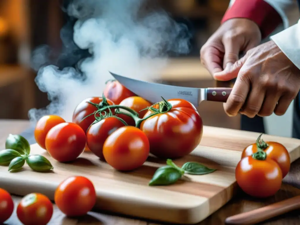 Un chef peruano cortando tomates andinos en un mercado colorido, resaltando la importancia del tomate andino en Perú