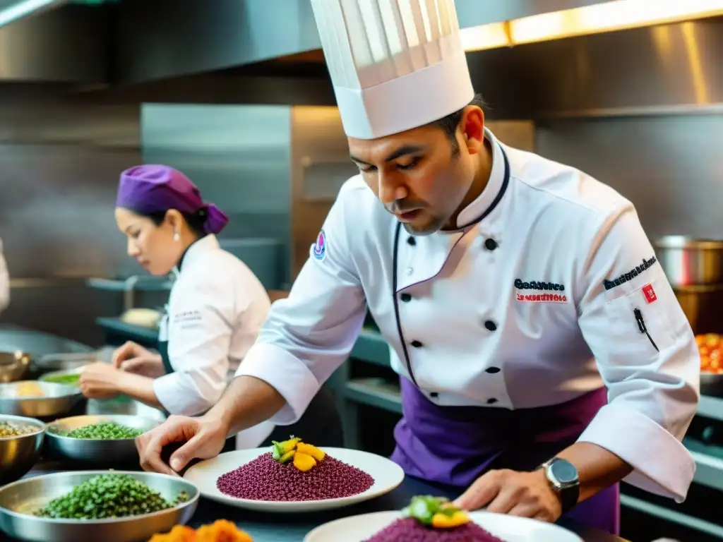 Chef peruano innovando con tradición en su bulliciosa cocina, rodeado de su equipo concentrado