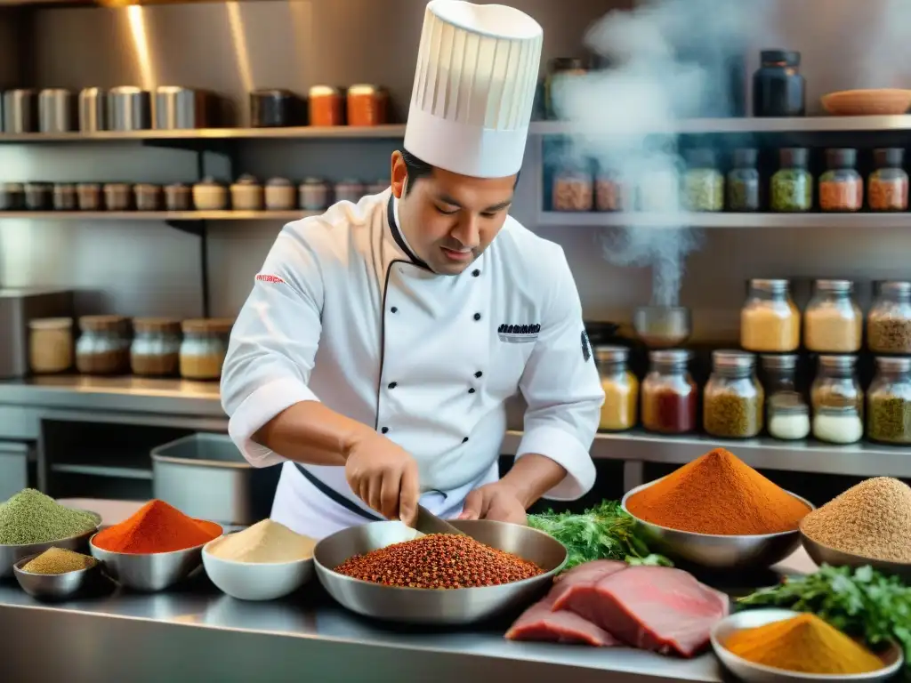 Un chef peruano tradicional preparando Adobo Arequipeño rodeado de especias vibrantes en una cocina bulliciosa