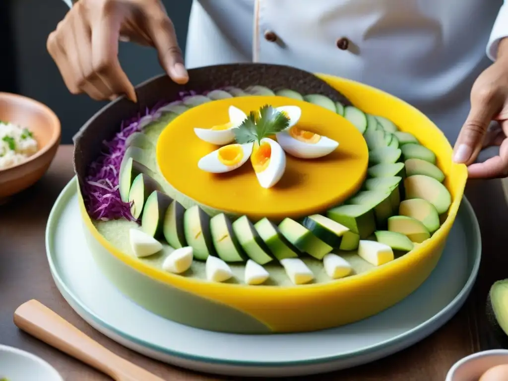 Un chef peruano tradicional elaborando una evolución de causa limeña con maestría y colorido en una cocina auténtica