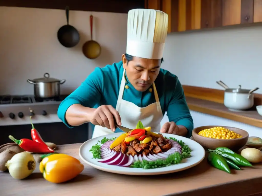 Un chef peruano tradicional en Huaraz preparando ceviche, rodeado de ingredientes andinos