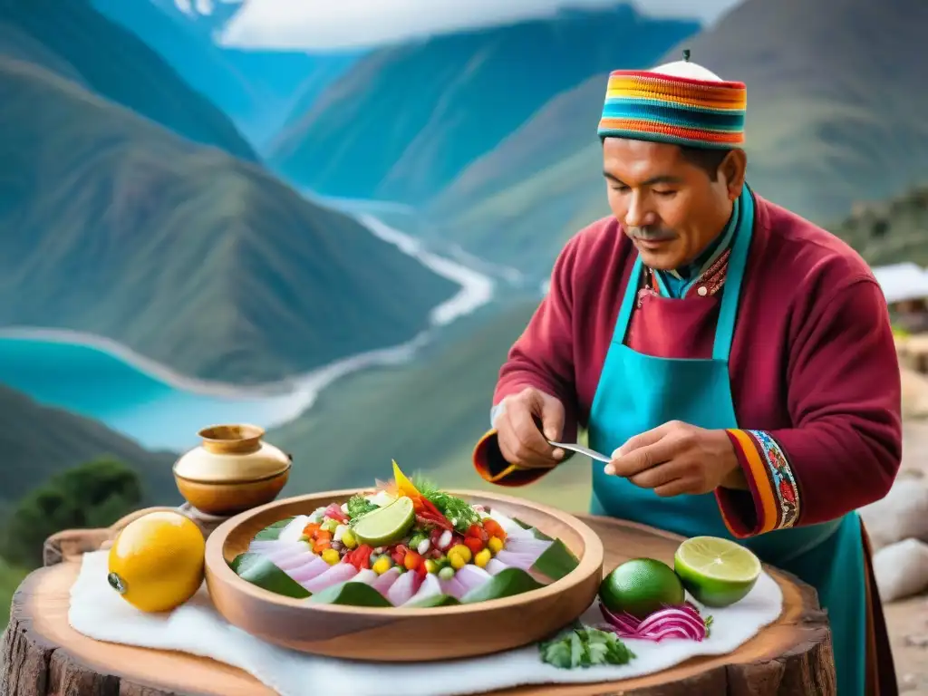 Un chef peruano tradicional en Huaraz prepara un ceviche, mostrando la riqueza gastronómica peruana