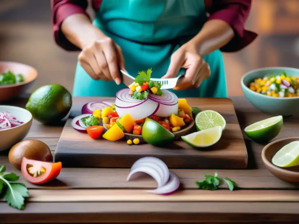 Un chef peruano tradicional prepara ceviche rodeado de ingredientes vibrantes en una mesa de madera rústica