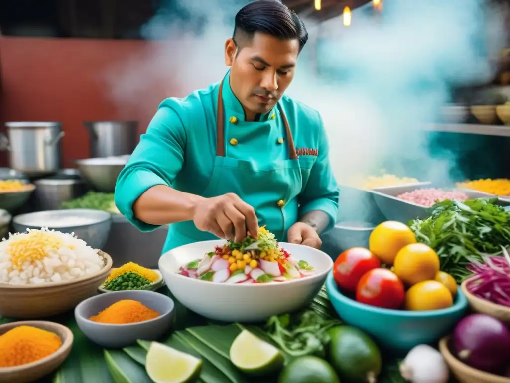 Un chef peruano tradicional preparando ceviche con técnicas cocina peruana tradicionales en un mercado de Lima