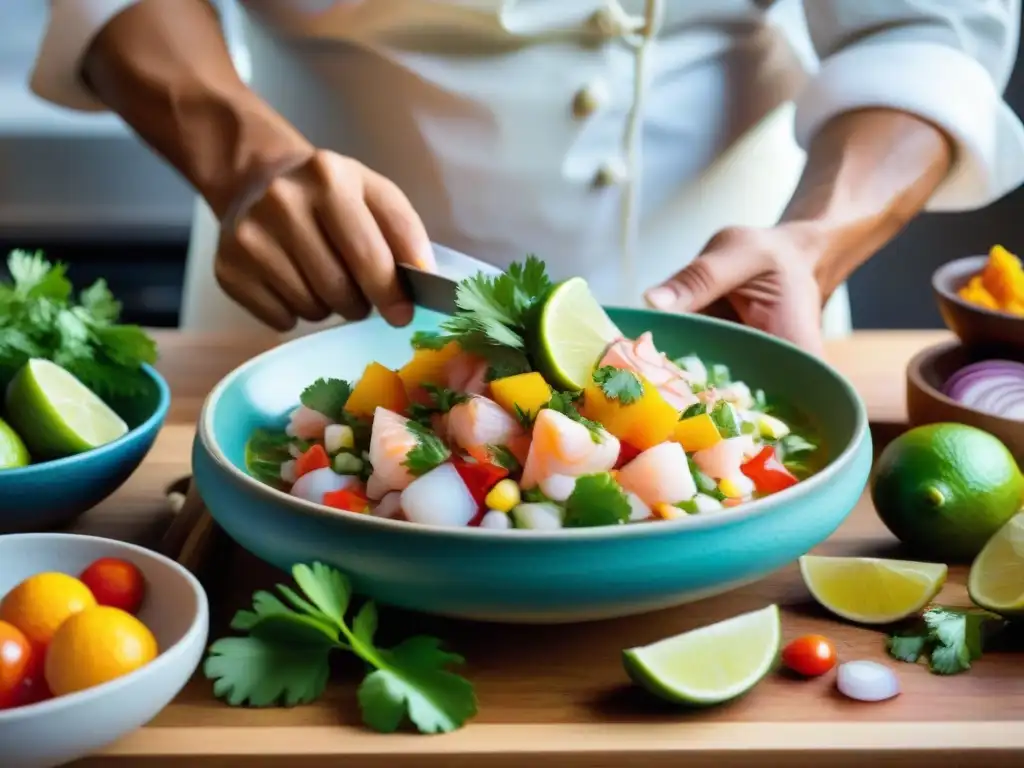 Un chef peruano tradicional preparando ceviche en una cocina vibrante y llena de ingredientes frescos