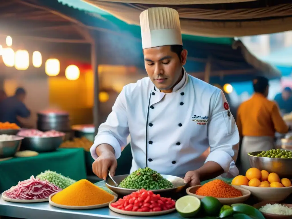 Un chef peruano tradicional preparando un ceviche colorido en un mercado al aire libre en Lima, Perú