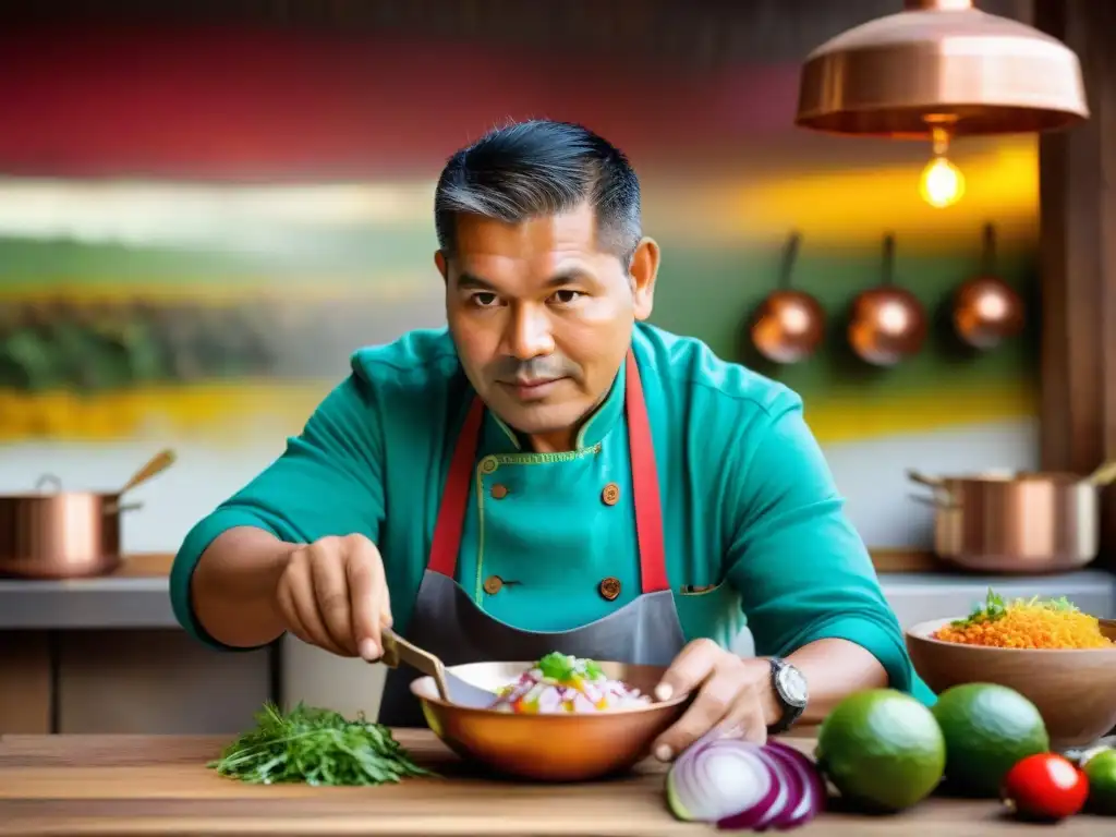 Un chef peruano tradicional preparando ceviche en una cocina auténtica y vibrante