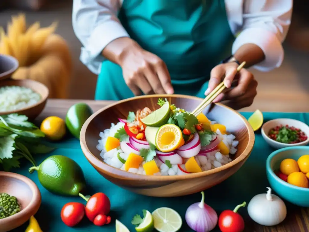 Un chef peruano tradicional preparando ceviche con ingredientes autóctonos en un mercado local