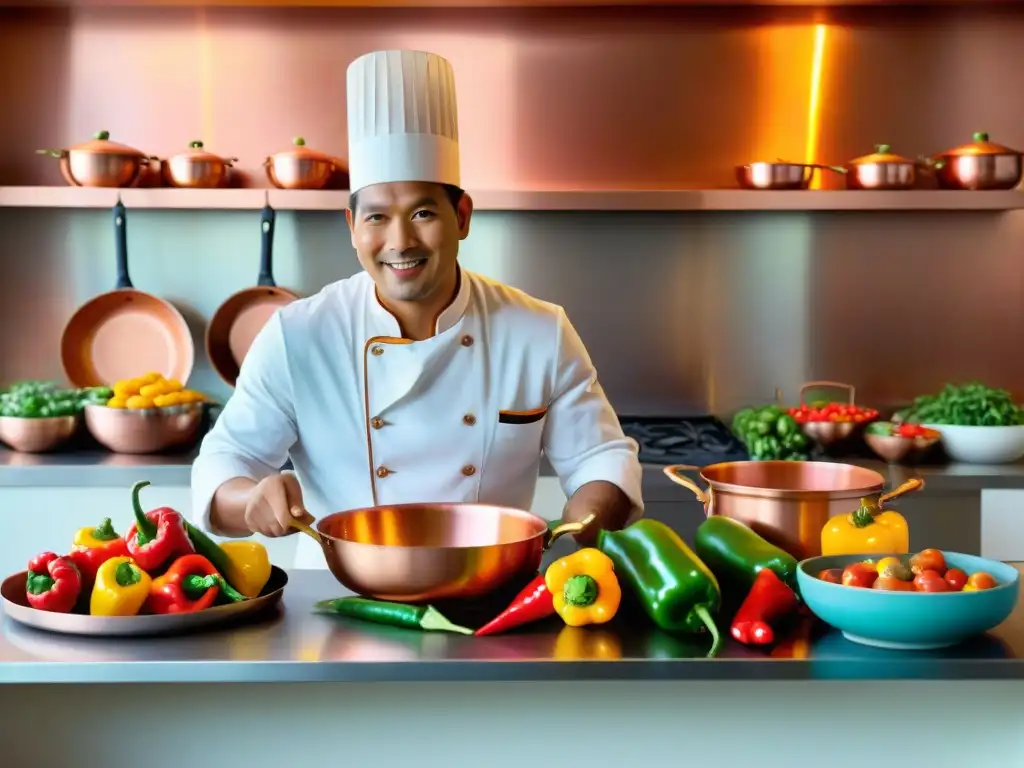 Un chef peruano tradicional cocina con destreza en una cocina llena de ollas de cobre relucientes