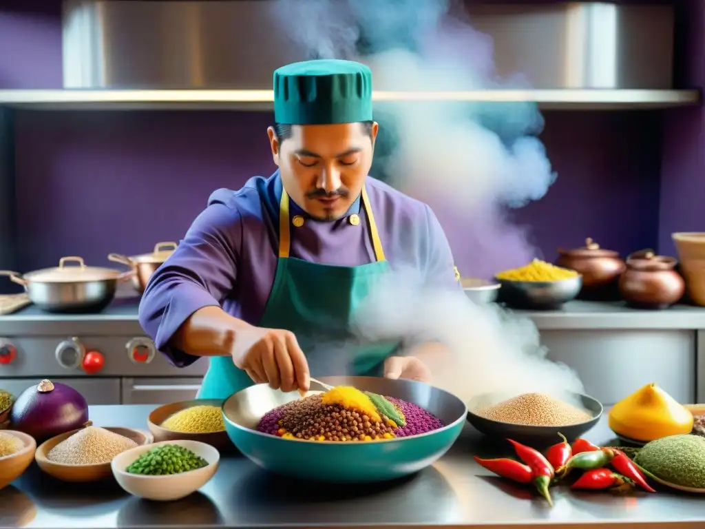 Un chef peruano tradicional en una cocina bulliciosa, usando realidad aumentada para enseñar, rodeado de ingredientes vibrantes