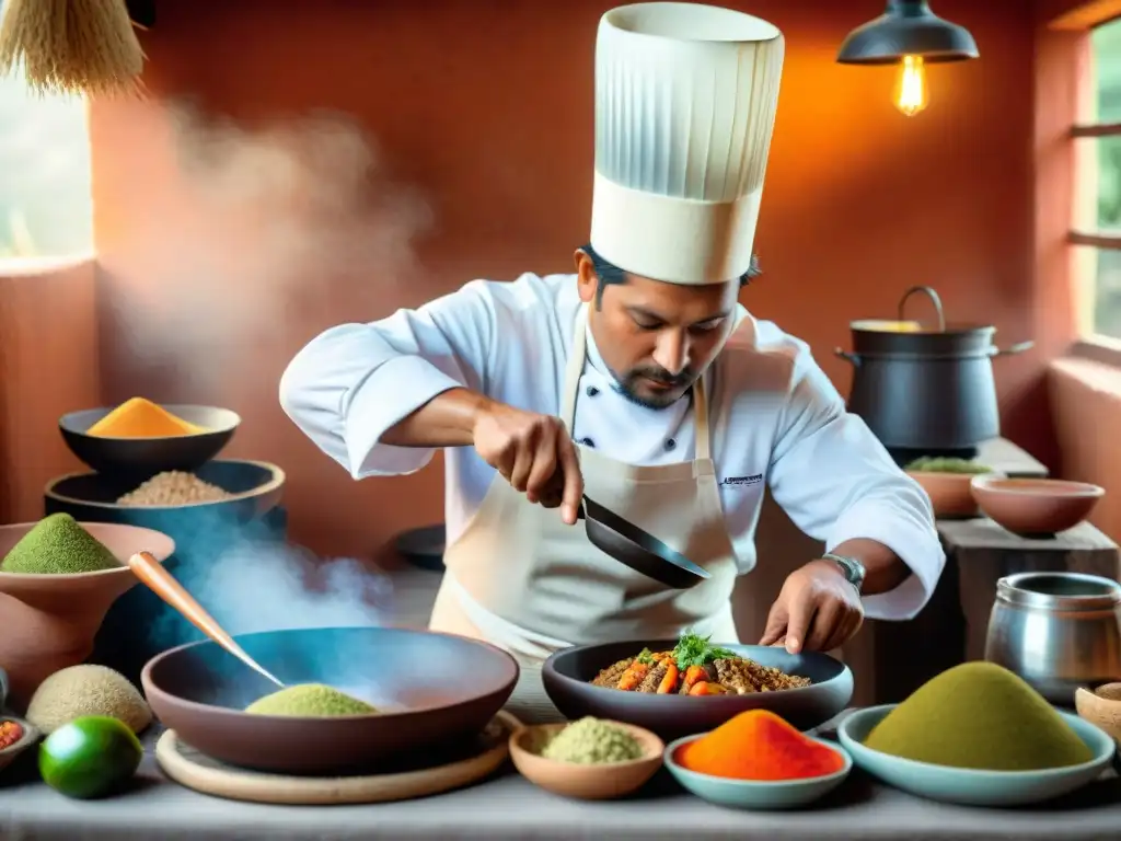 Un chef peruano tradicional contemporáneo de la Sierra preparando un platillo fusión en una cocina rústica